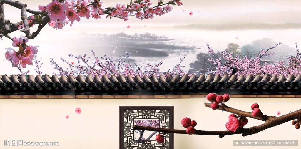 中国风古院墙院子桃花梅花