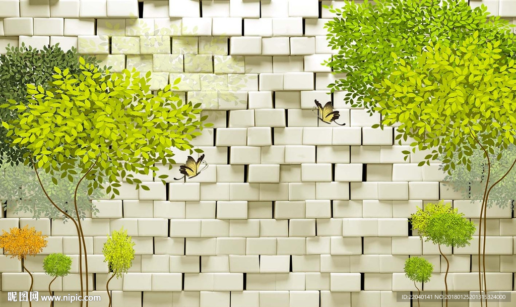 3D砖墙小树背景图