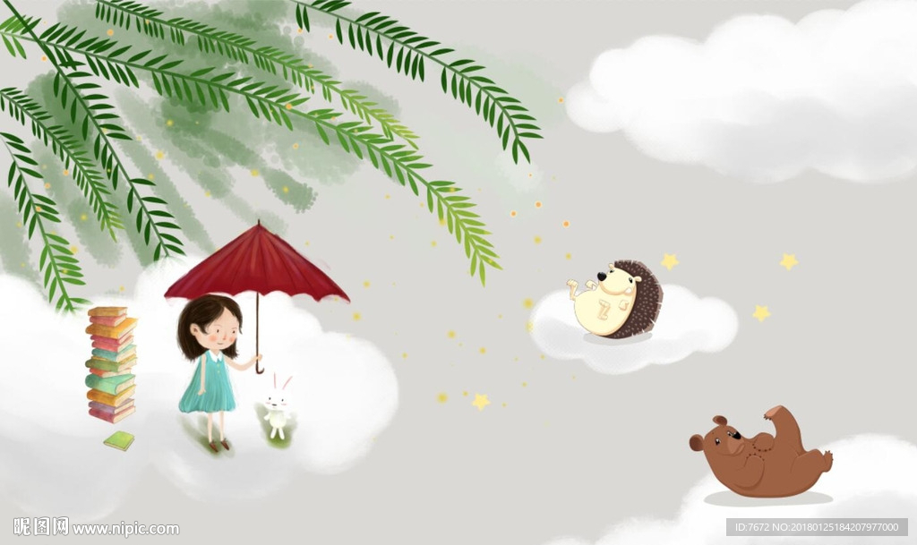 水彩植物树叶卡通动物背景墙