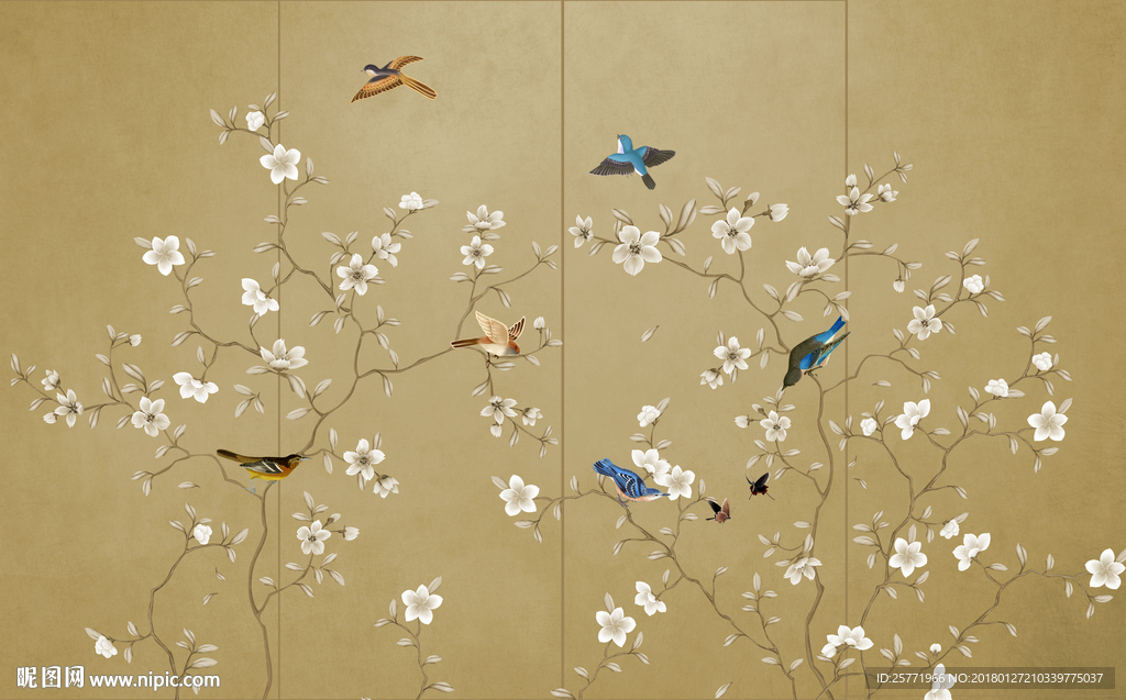 大型手绘花鸟背景墙壁画