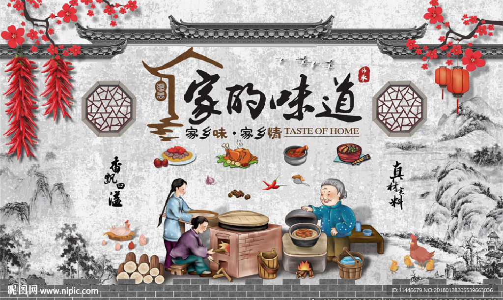 手绘美食人物复古背景墙