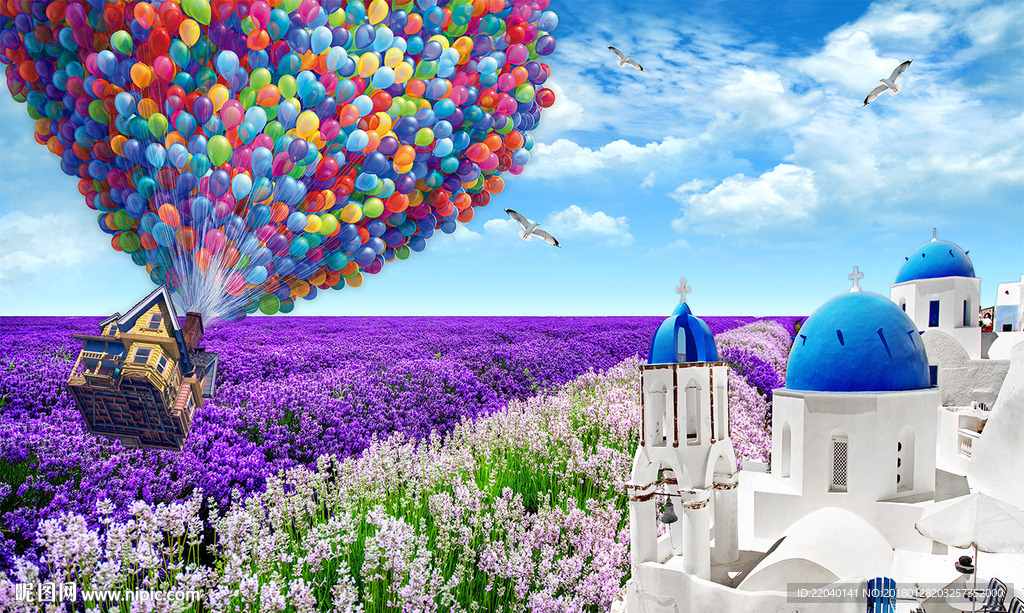 薰衣草城堡田园图片 热气球