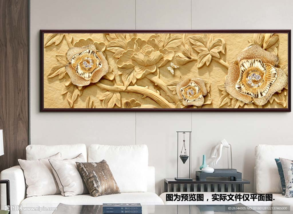 新中式金色浮雕牡丹装饰画床头画