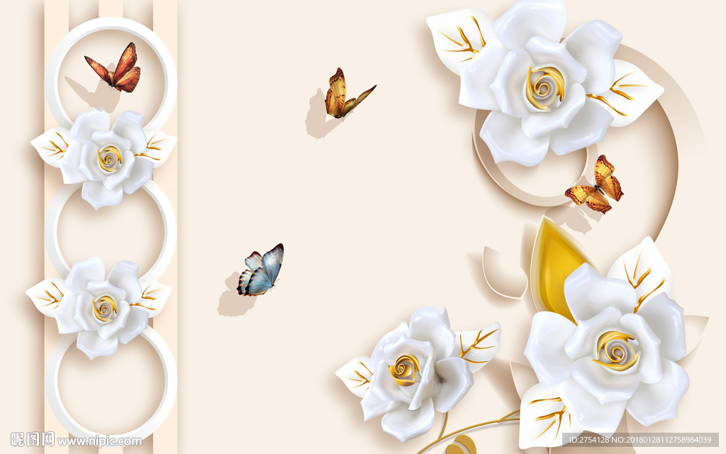 白色花朵 蝴蝶 3D画 源分层