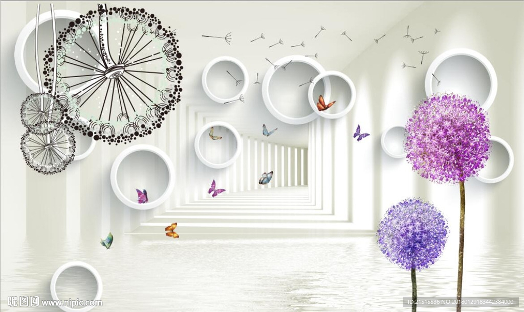 3D空间蒲公英电视背景墙