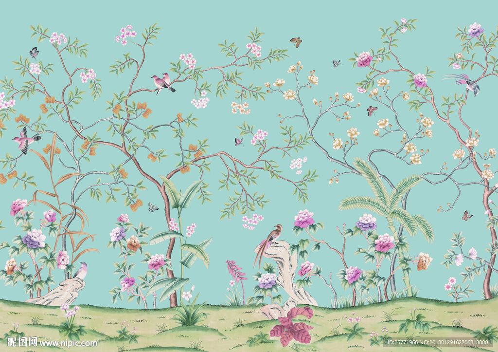 大型手绘花鸟背景墙壁画