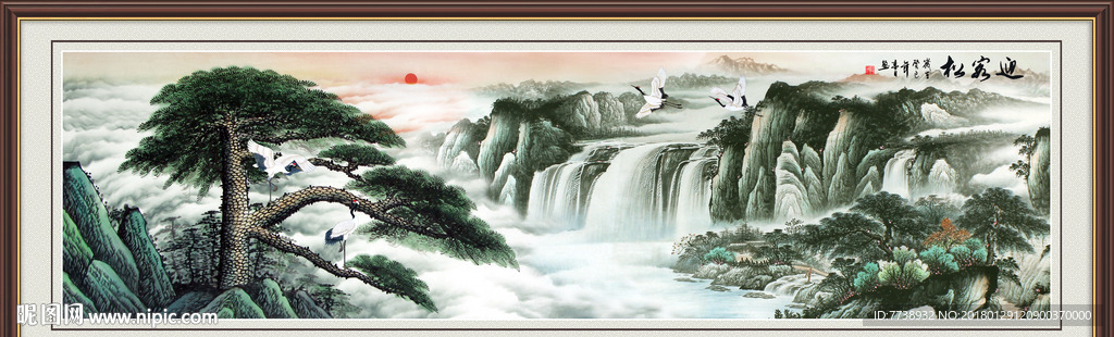 松鹤延年瀑布国画
