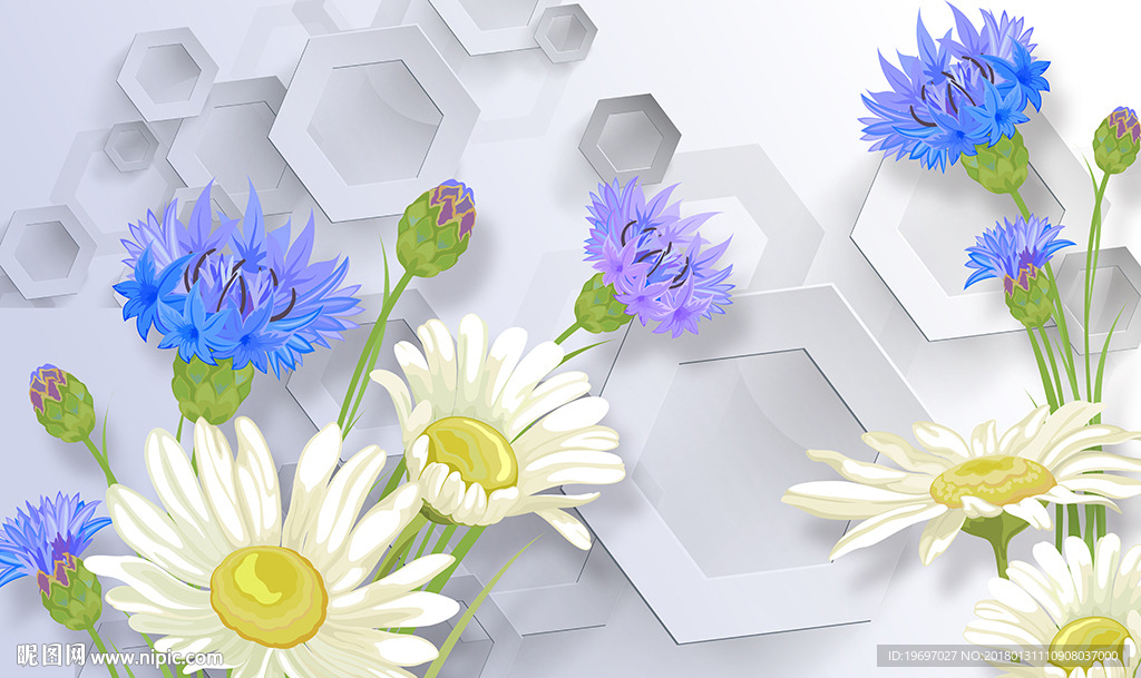 3d六边形手绘菊花电视背景墙