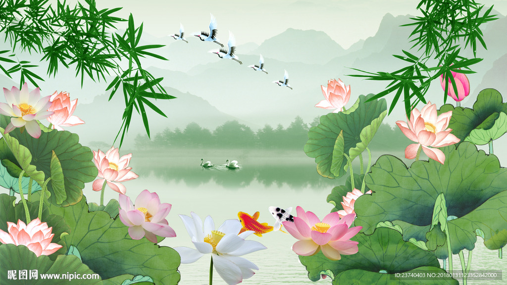 中式荷花背景墙