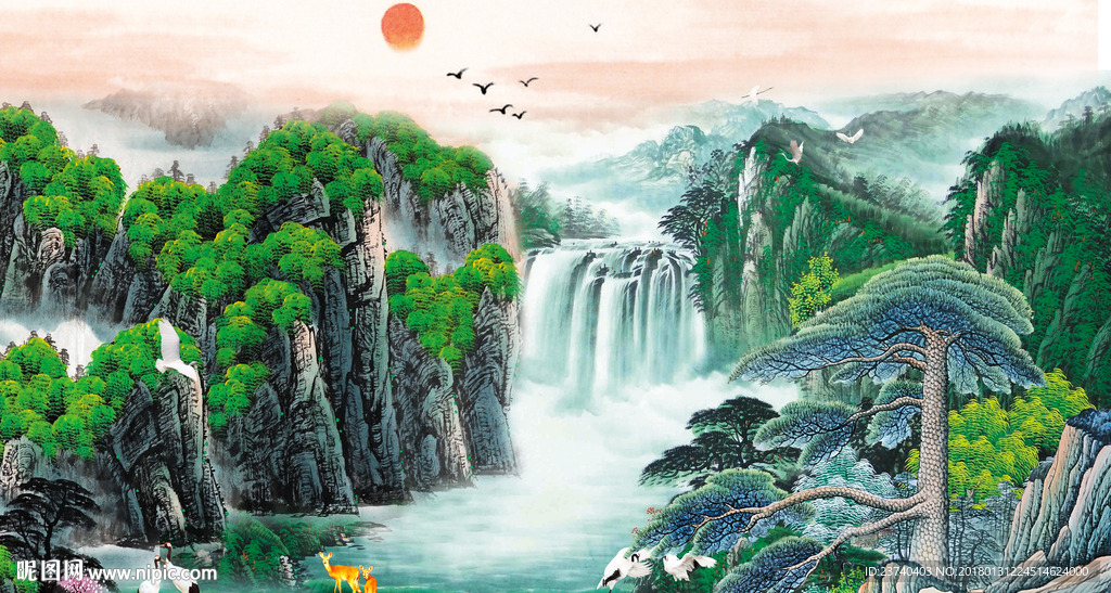山水迎客松国画