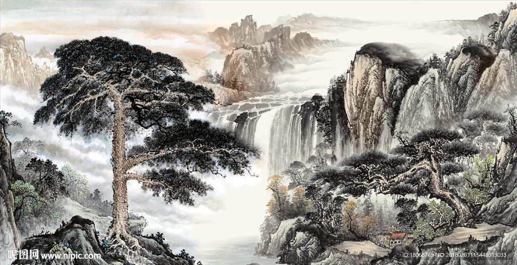 黄山迎客松大型手绘风水山水画