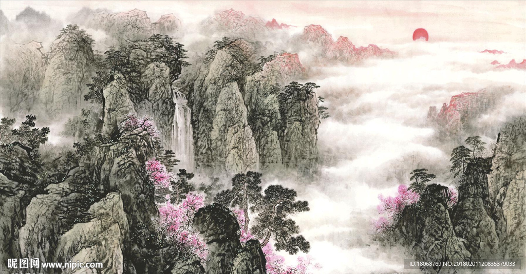 江山多娇山水风景画背景墙