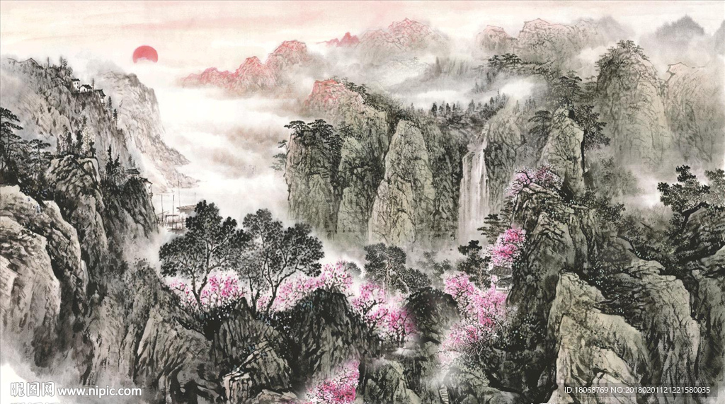 春晓瀑布山水大型手绘风水画背景