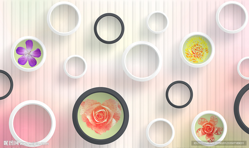 现代花卉简约圈圈竖条电视背景墙