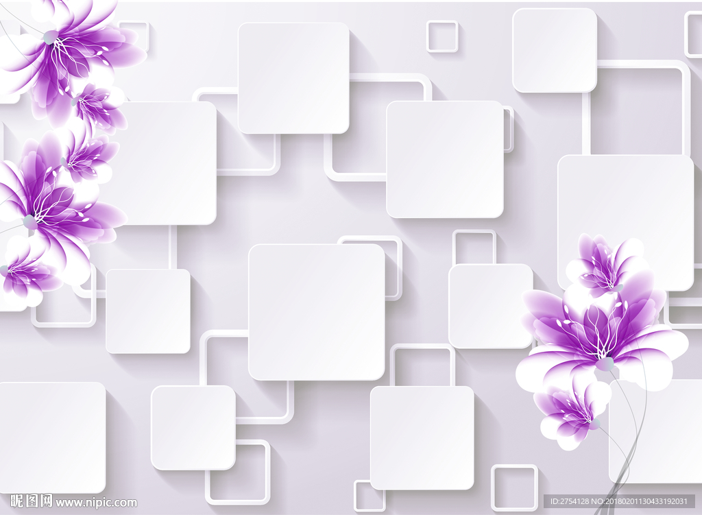 现代风格3D墙 紫色花 源分层