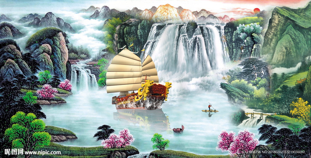 山水国画一帆风顺