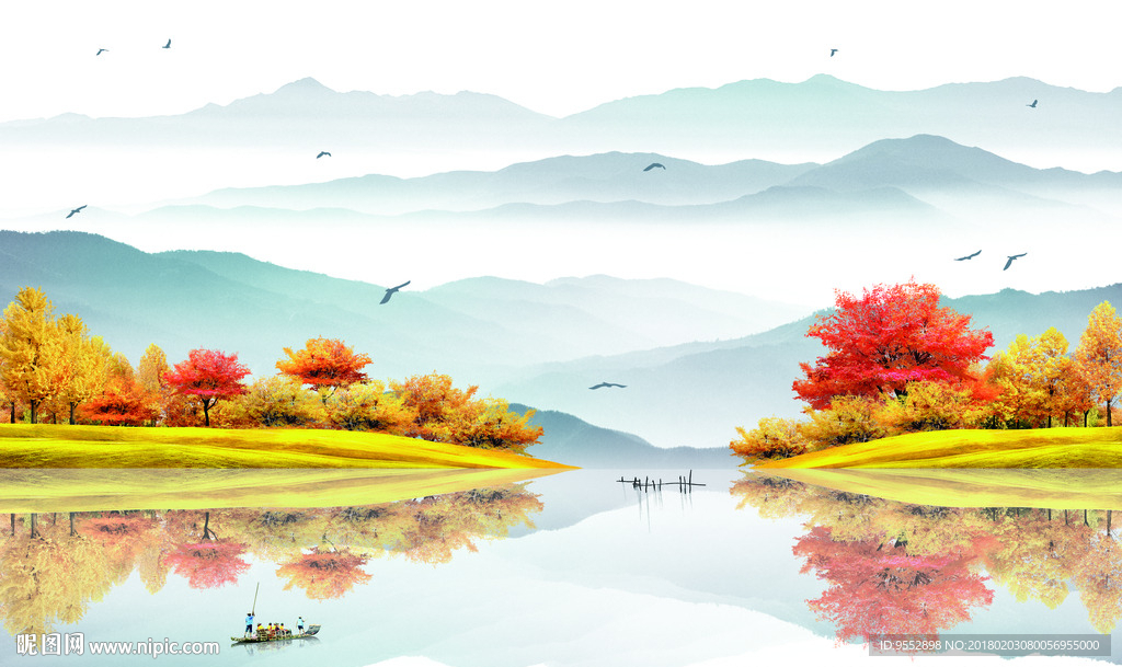 新中式水墨意境山水画黄金树壁画