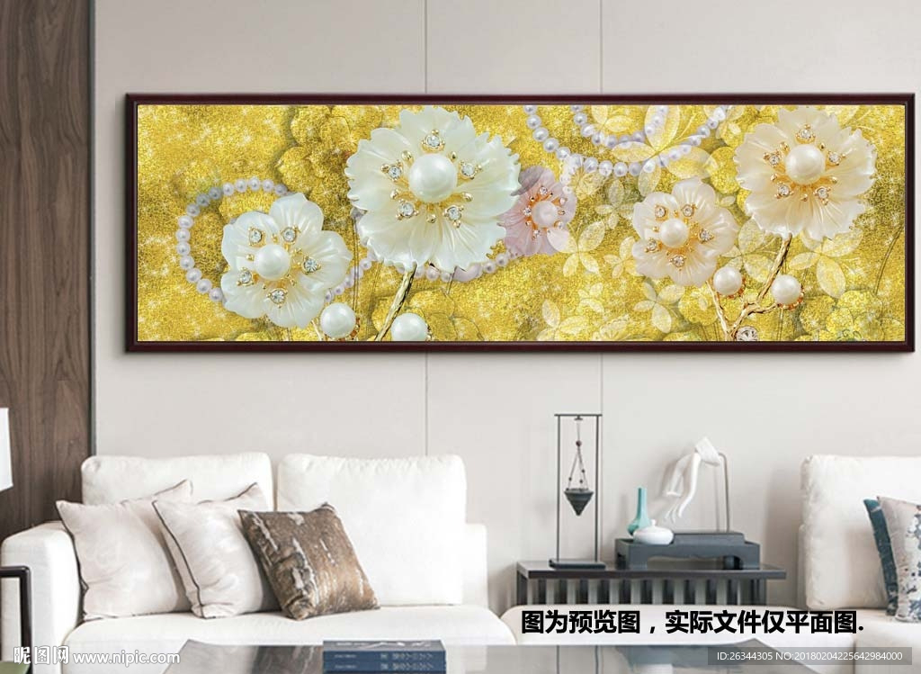 新中式金色富贵花朵珠宝床头画
