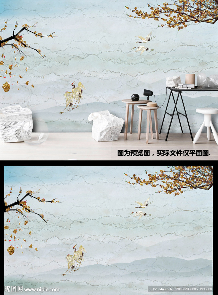 新中式金色山水花鸟背景墙装饰画