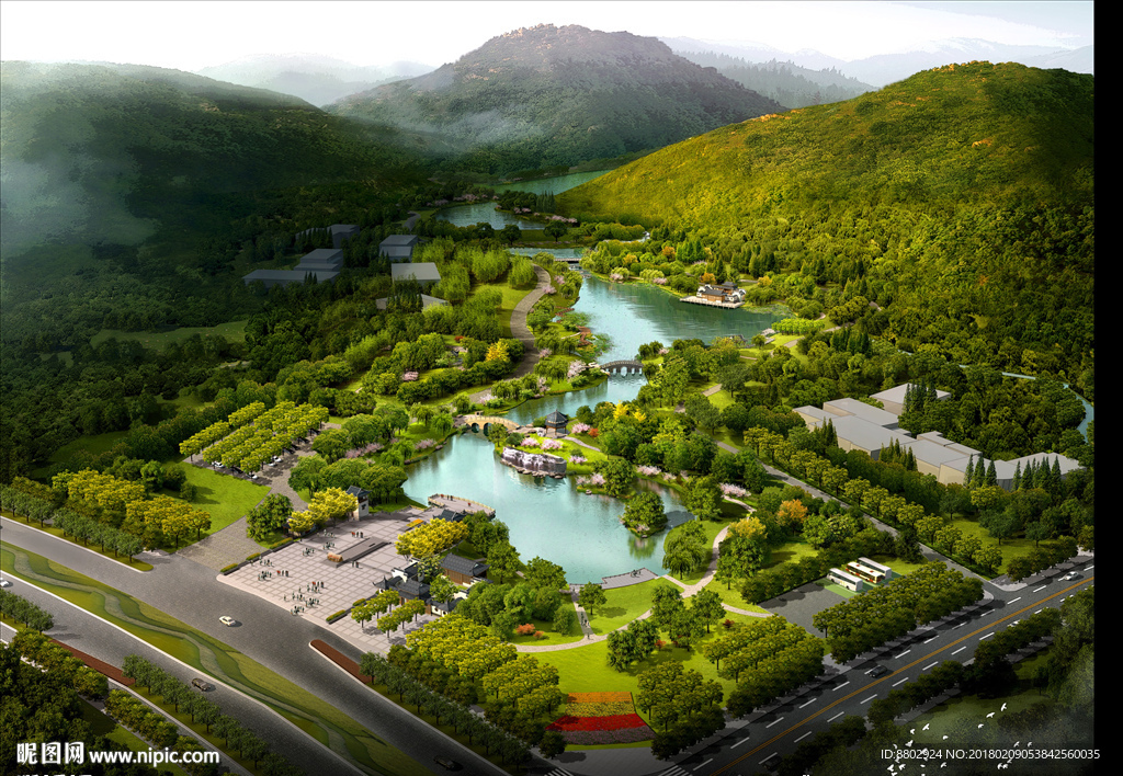 中式景区鸟瞰效果图