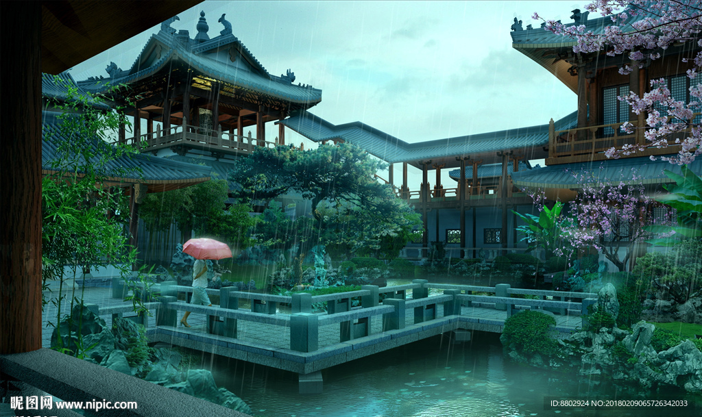 中式园林雨景效果图