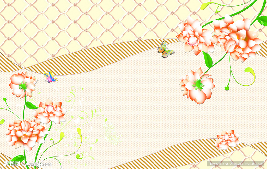 3D黄色格桑花蝶恋花壁画电视背