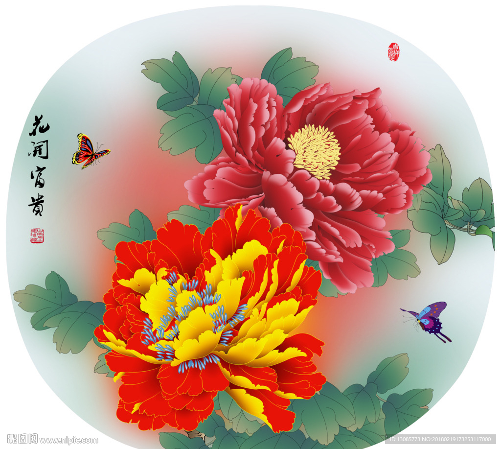 团扇扇面牡丹花开富贵
