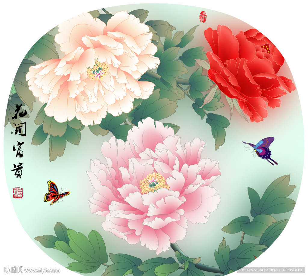 团扇扇面牡丹花开富贵