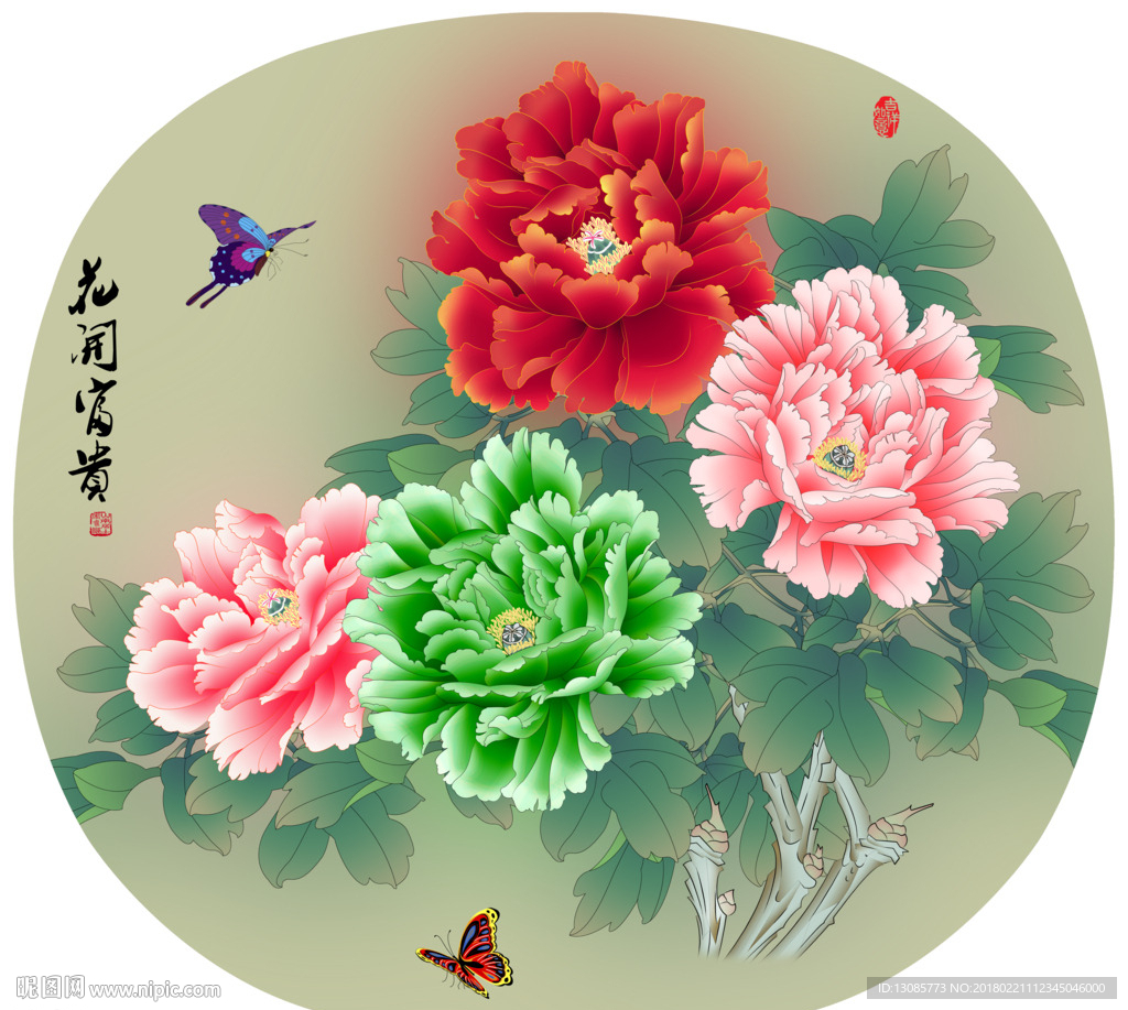 团扇扇面牡丹花开富贵