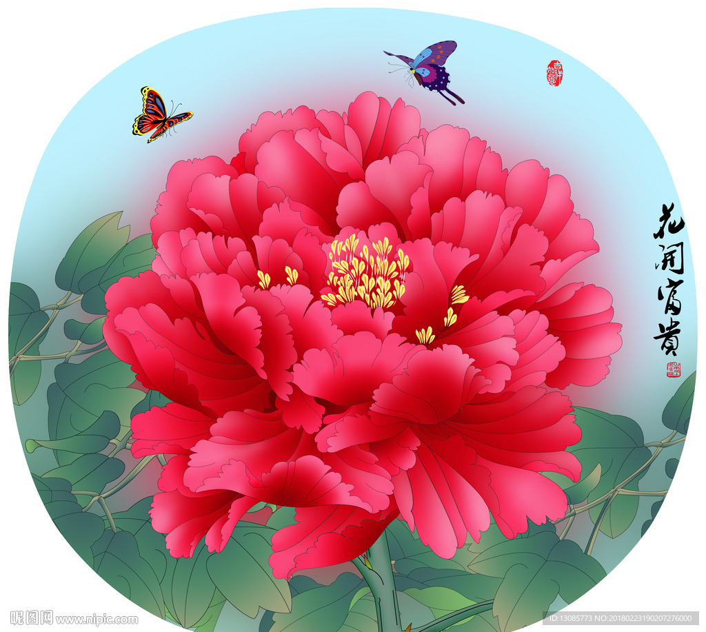 团扇扇面手绘牡丹花开富贵