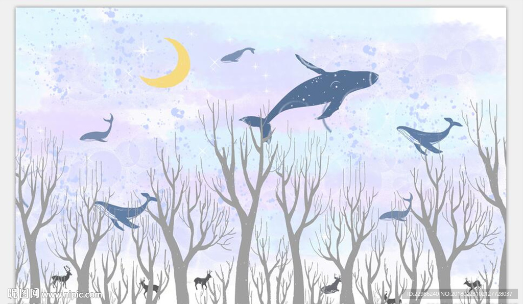 唯美手绘鲸鱼天空背景墙壁画图片