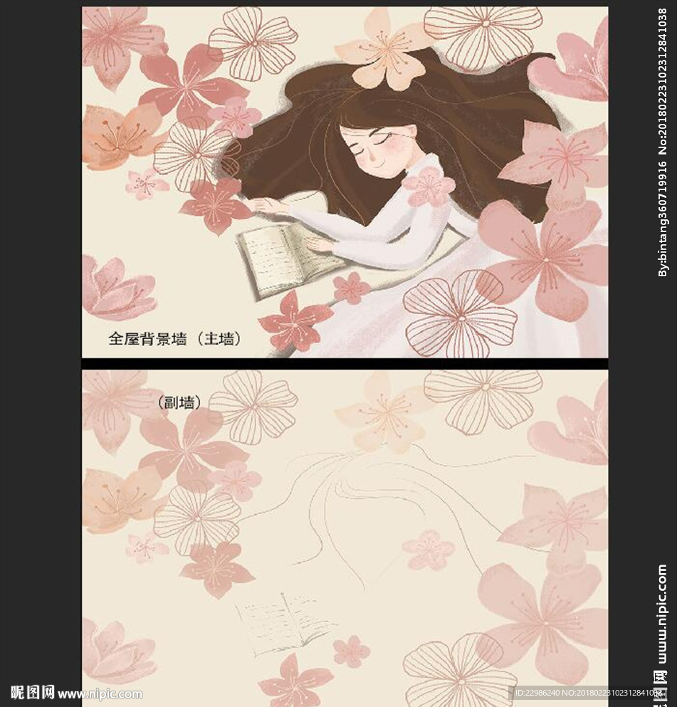 手绘天使梦幻少女背景墙壁画图片