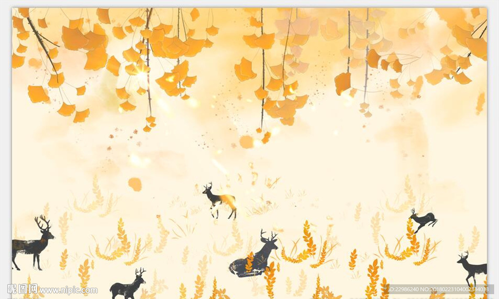 手绘银杏叶森林鹿群壁画背景墙