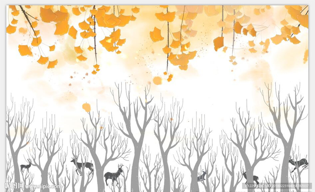 手绘银杏叶森林鹿壁画背景墙