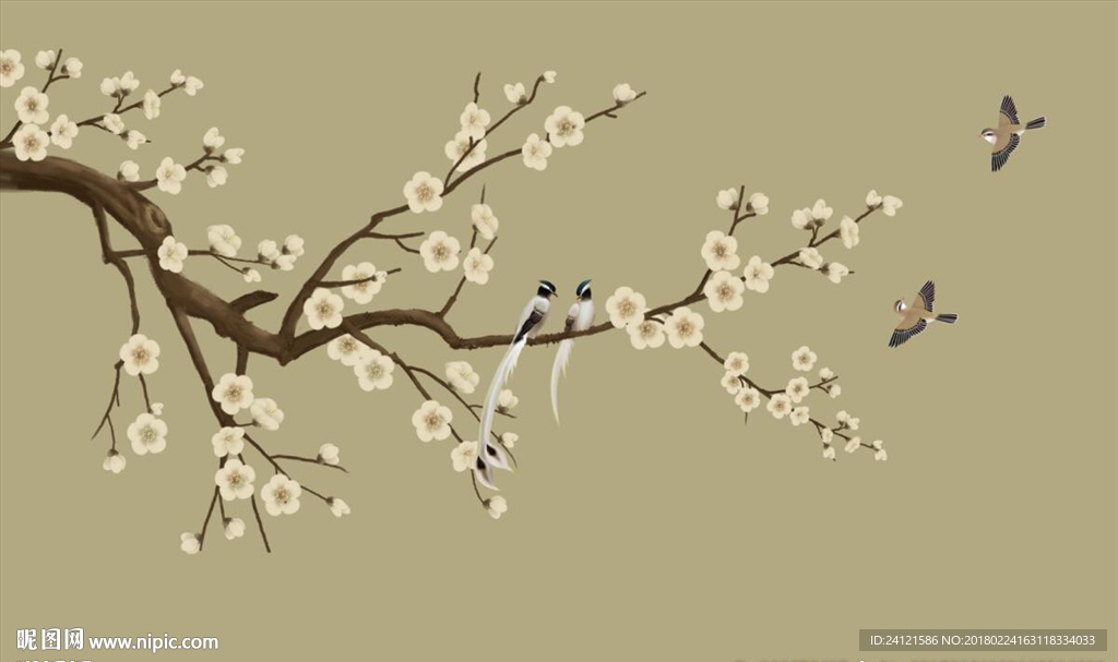 中式梅花花鸟电视背景墙