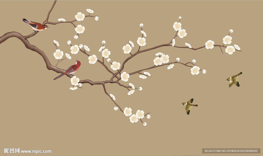 手绘中式梅花花鸟背景墙