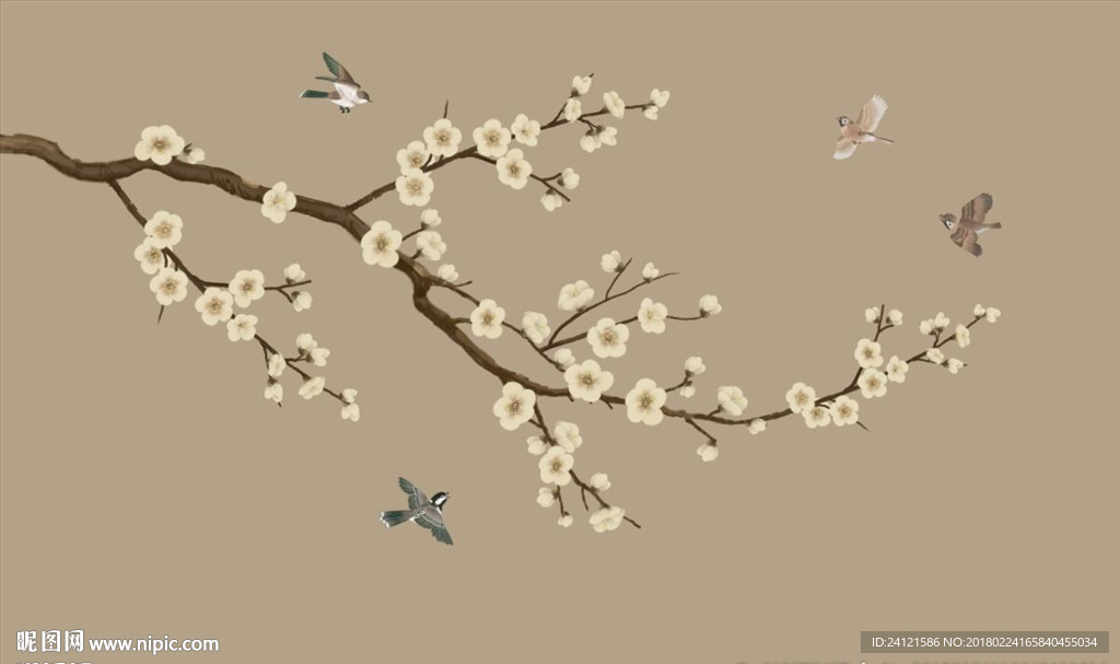 手绘梅花花鸟背景墙