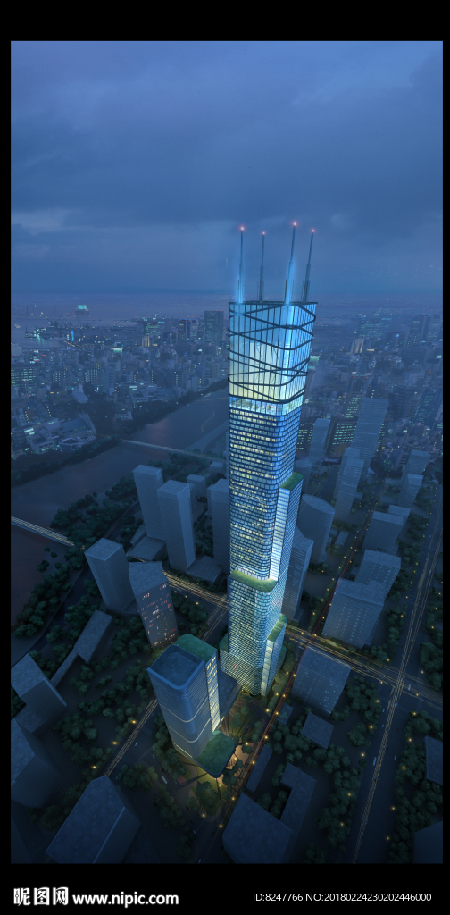 世界金融超级大厦夜景鸟瞰建筑效