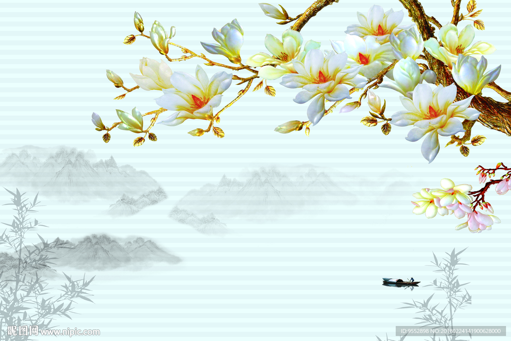 3D浮雕彩雕玉兰花开中式背景墙