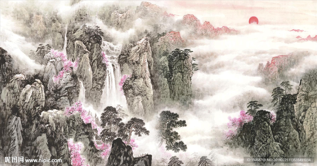 中国风大型手绘工装风景画背景墙