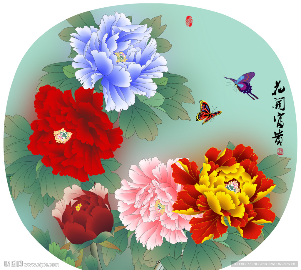 团扇扇面手绘牡丹花开富贵