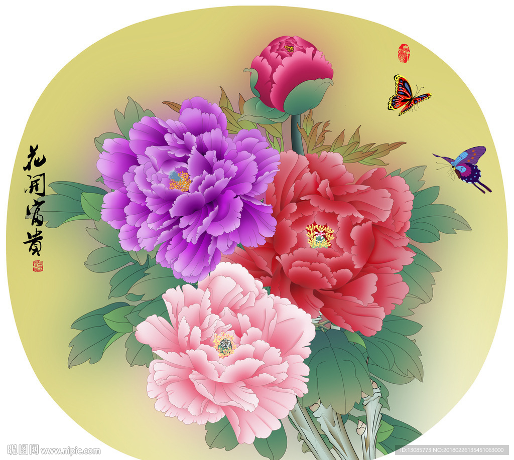 团扇扇面手绘牡丹花开富贵
