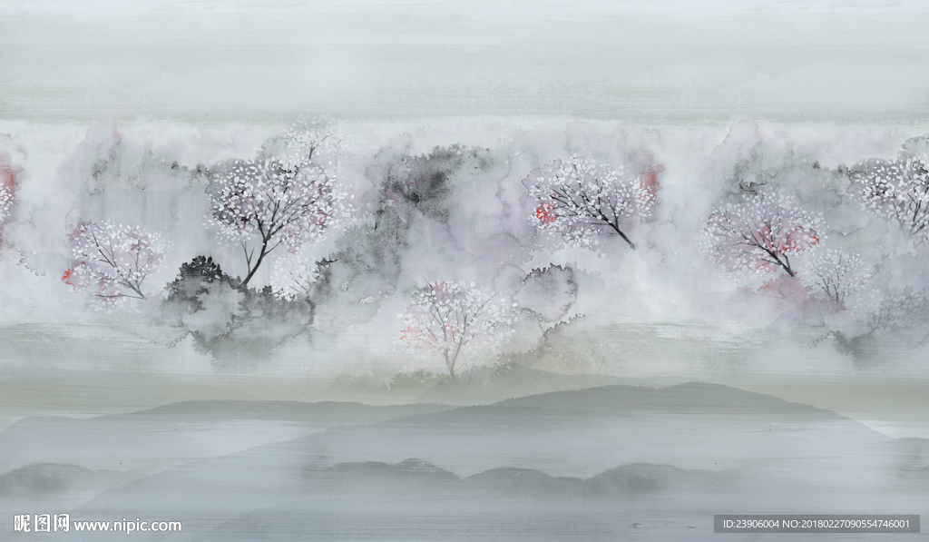 朦胧山水山脉树枝壁画装饰画