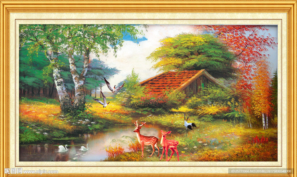 古典油画森林人家装饰画壁画
