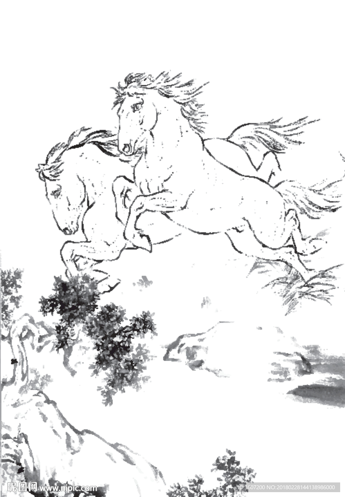 骏马 白描 素描 线描 国画
