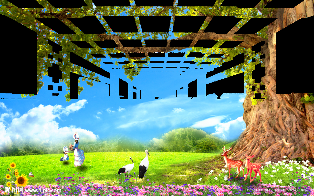 现代清新花草大树背景墙壁画