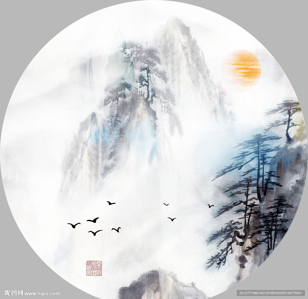 新中式水墨山水飞鸟装饰画
