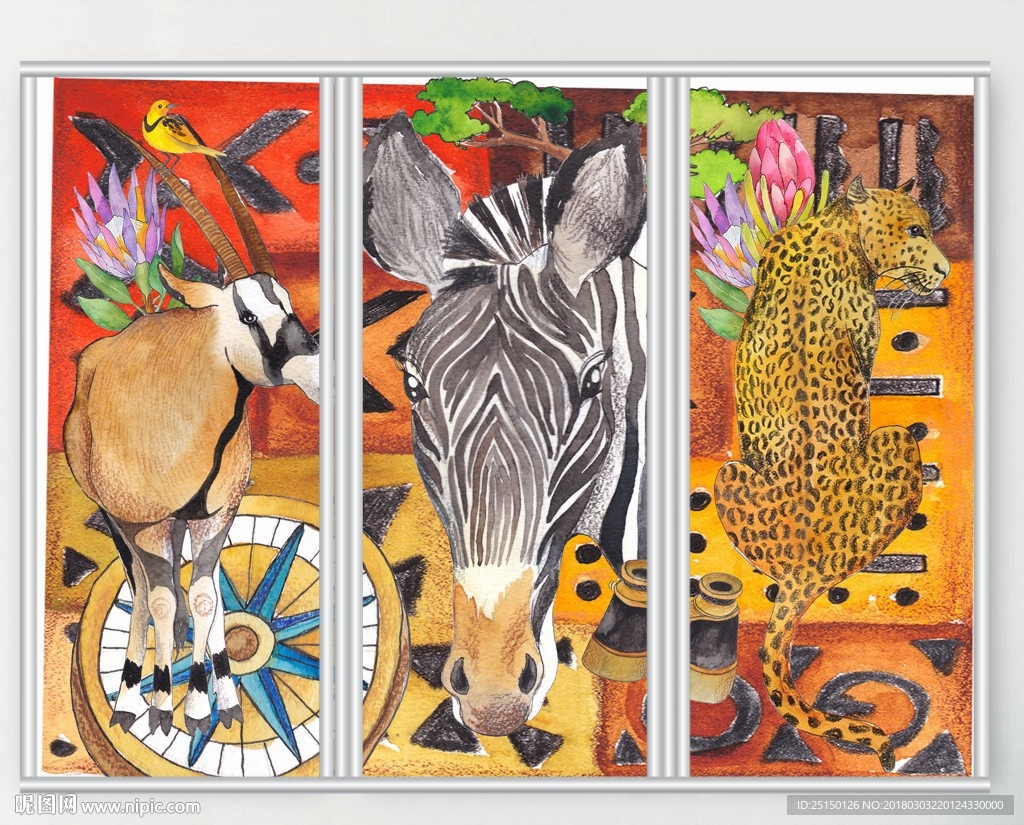 卡通非洲野生动物三联门