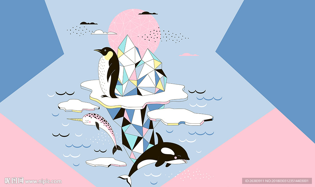 海豚冰山时尚卡通背景墙