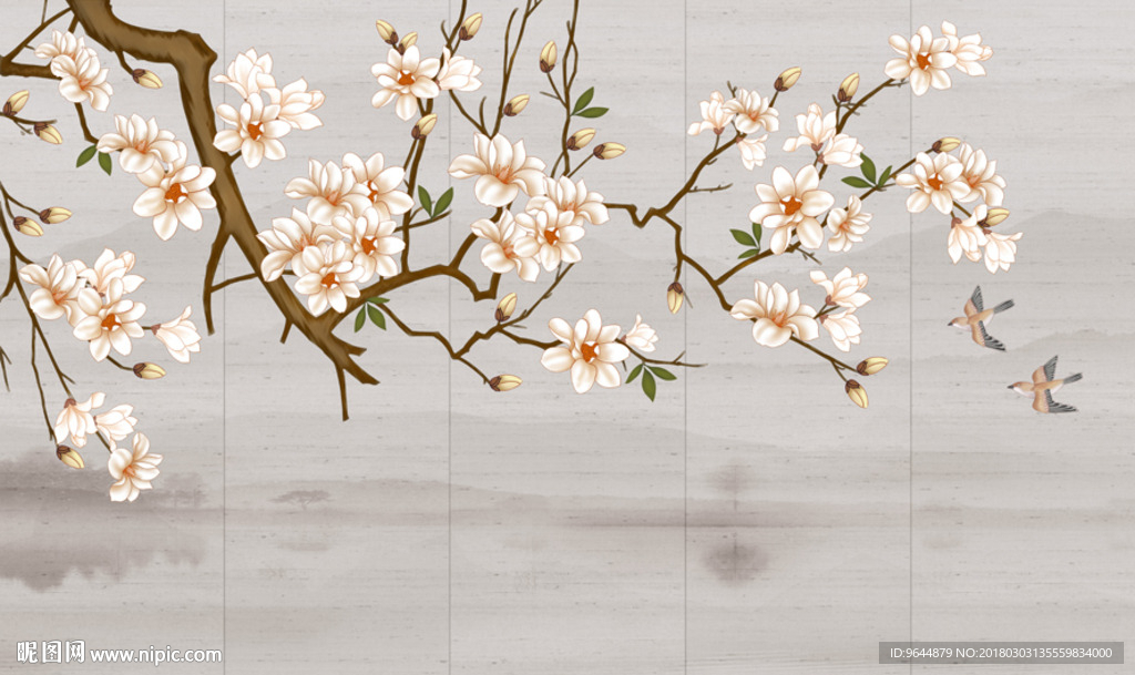 手绘工笔玉兰花鸟背景墙